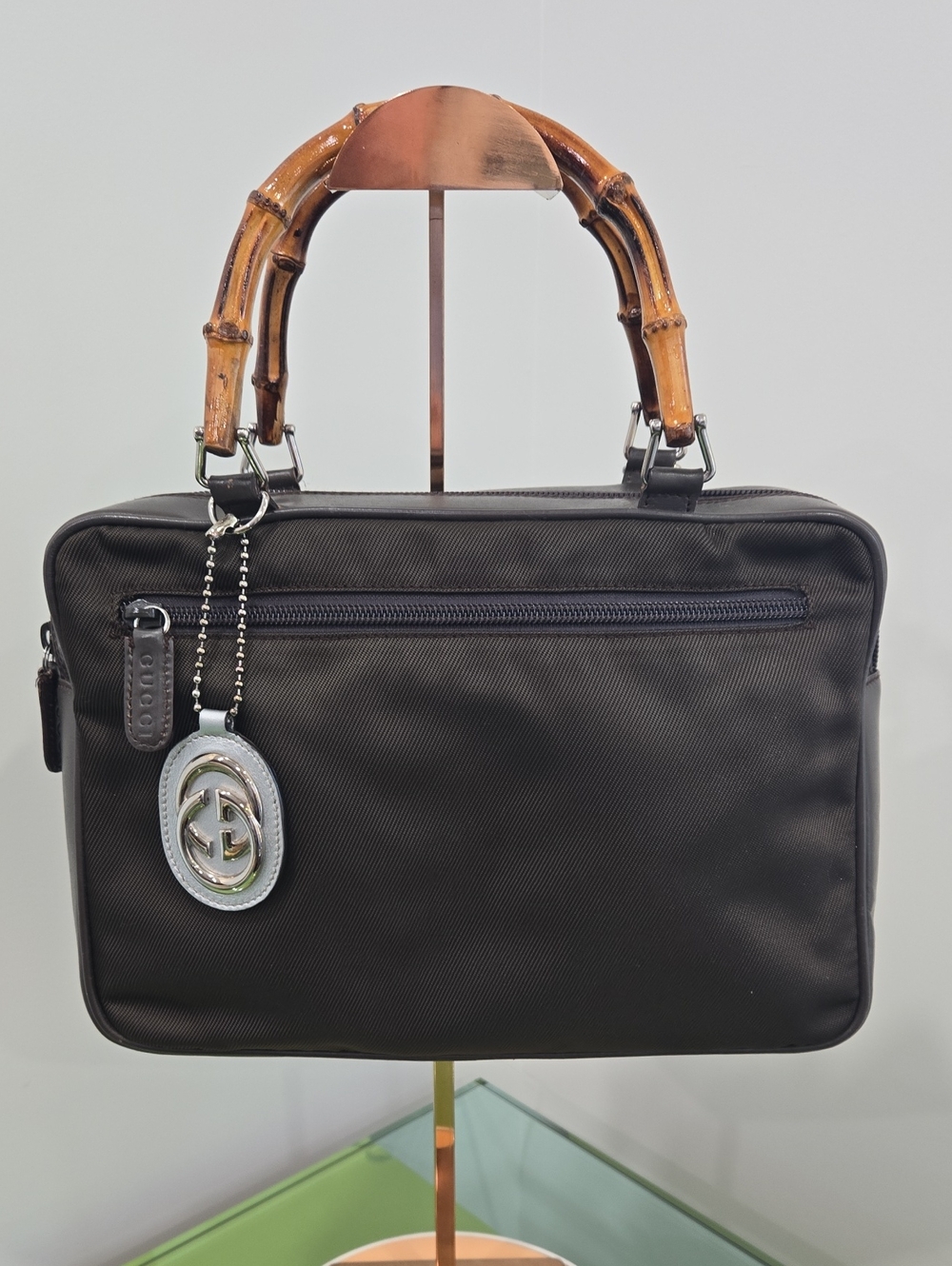 GUCCI Dark Brown  Bamboo-Handle Briefcase with GG Logo Charm